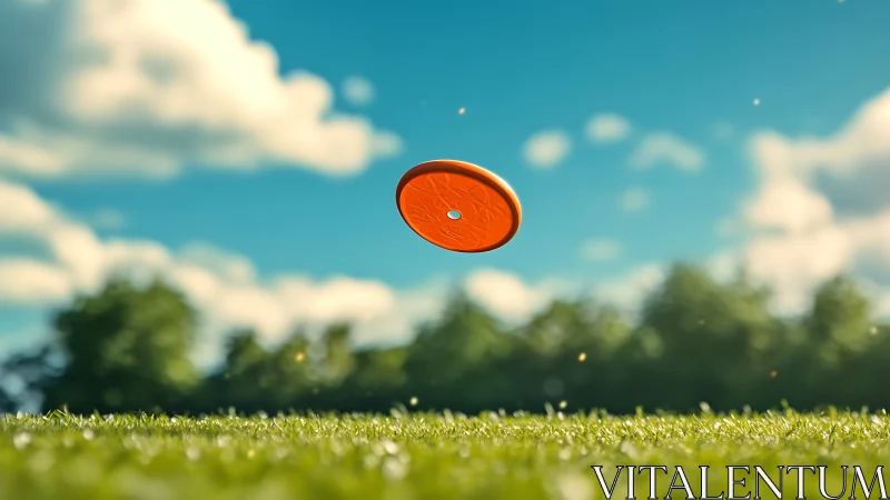 Aerodynamic orange disc captured mid-flight over grass field.