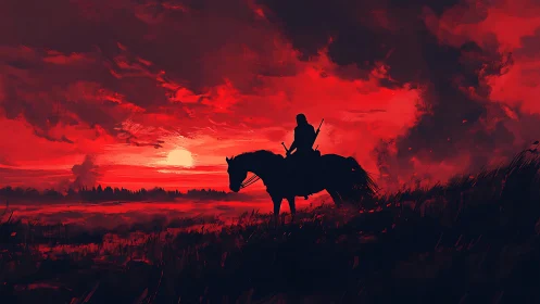 Lone rider on horseback against intense red sunset sky.