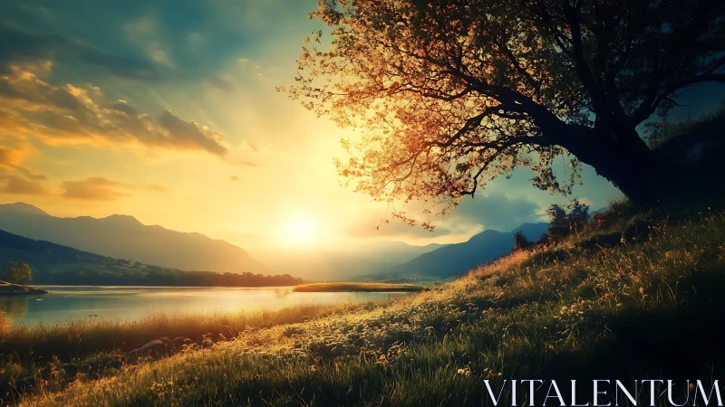 Golden lakeside sunset bathes a quiet valley in warmth