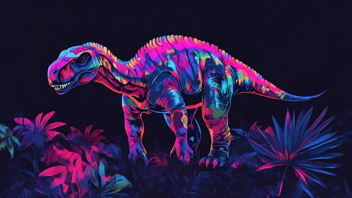Neon dinosaur silhouette strides through bioluminescent jungle nocturne