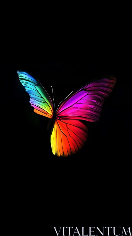 Multicolored digital butterfly silhouette on black field.
