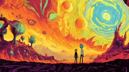 Two figures observe multi-sun alien landscape in vivid hues