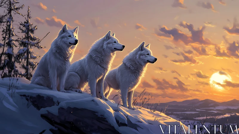 Three white wolves share a peaceful watch over a winter sunset