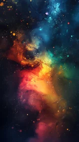 Cosmic nebula glows in swirling rainbow-hued stardust.