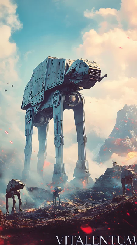 Towering sci fi walkers stride calmly through a smoky battlefield