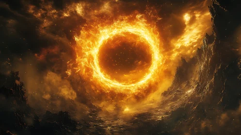 Fiery celestial ring glowing above a stormy volcanic world.