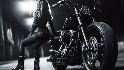 Low‑angle study of custom cruiser motorcycle and rider in tunnel