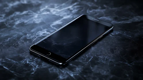 Black smartphone on dark marble surface in soft light.