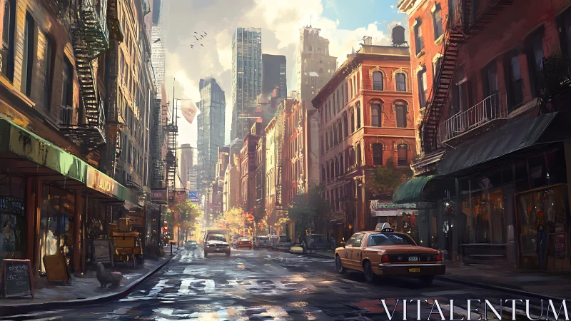 Sunlit city street unfolds between vintage shops and cabs