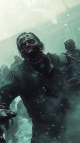 Cinematic undead horde advances through blizzard haze toward viewer