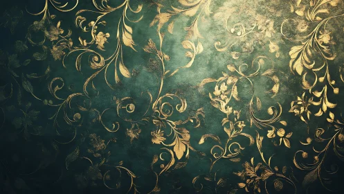 Gold floral scroll pattern on textured green surface.