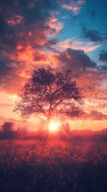 Solitary tree in vivid sunset field with distant birds.