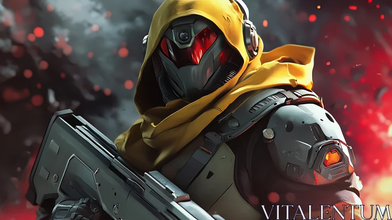 Armored sci fi soldier holds rifle amid red embers and smoke