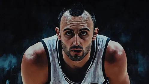 Male basketball player in white jersey under dark backdrop.