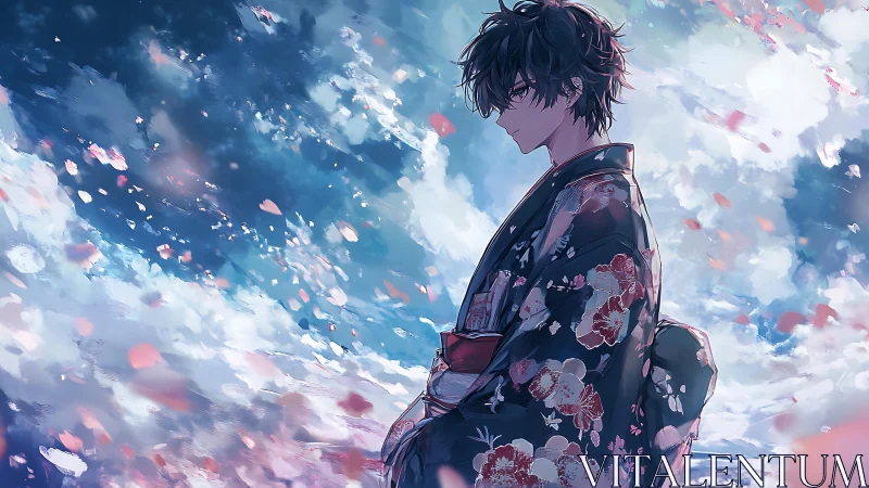 Melancholy kimono dreamer amid drifting sakura skies.