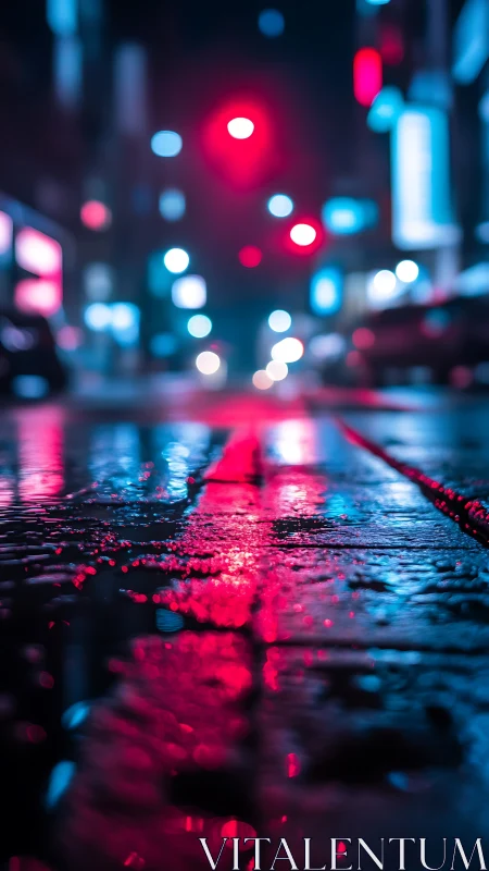 Neon city street reflects blurred lights on wet pavement