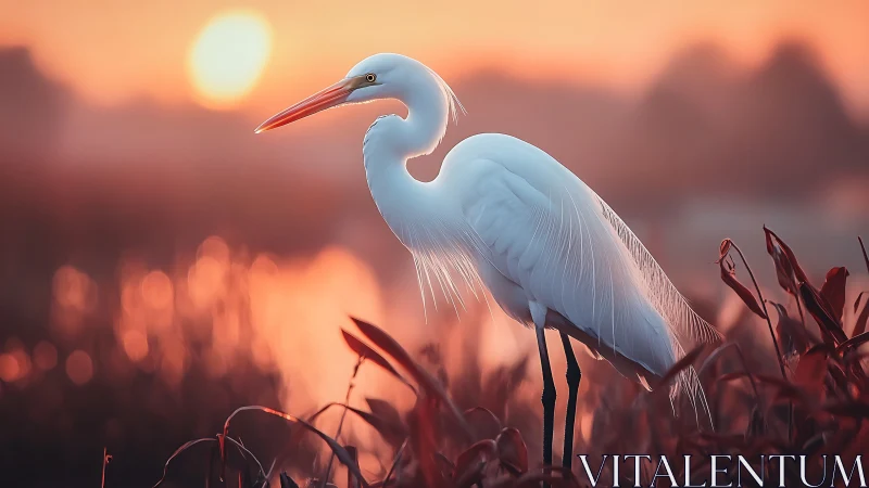 Photorealistic egret study in warm backlit marshland atmosphere.