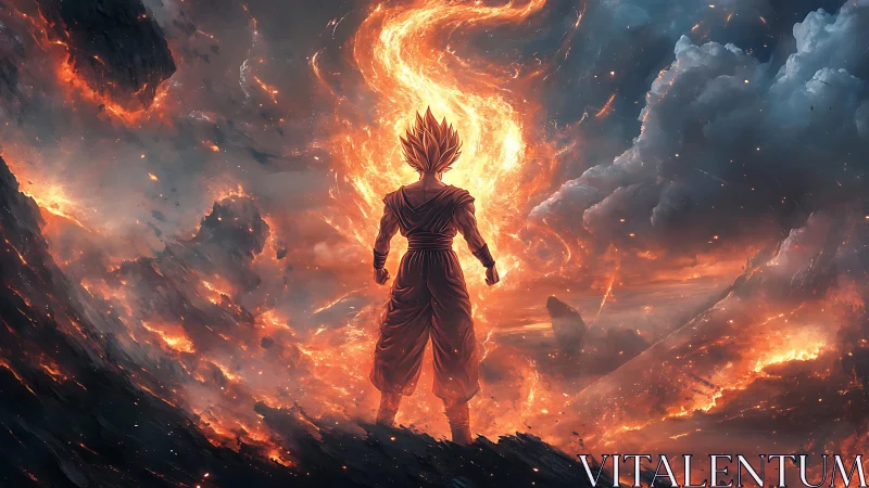 Fiery warrior stands strong in a storm of glowing power.