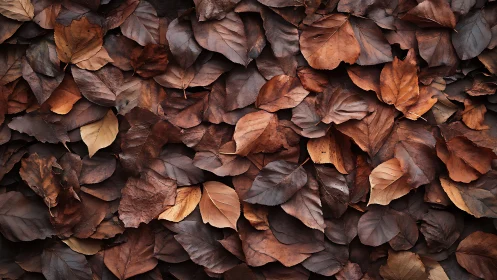 Rich autumn leaves rest in a quiet, earthy woodland carpet