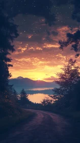 Twisting forest road drifts toward a molten lavender sunset