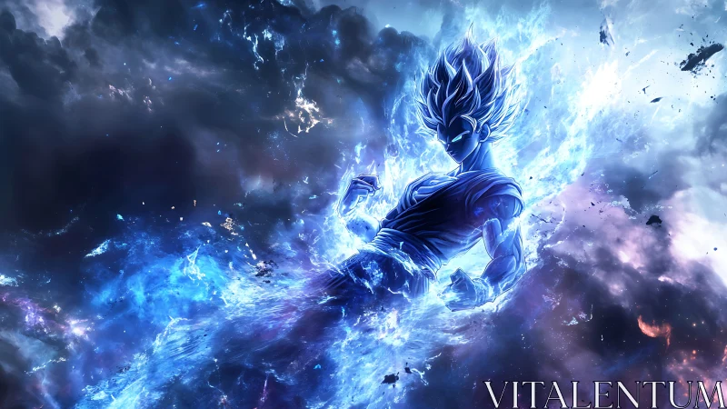 Celestial warrior erupts through cosmic storm in blue fire.