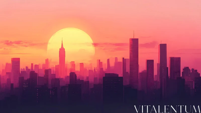 Neon sunset illuminates dense futuristic city skyline