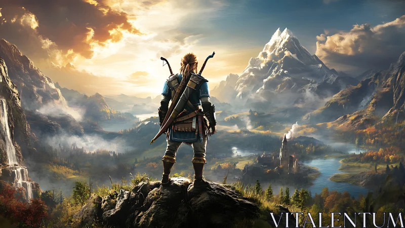 Adventurer gazes toward a bright, misty fantasy kingdom.