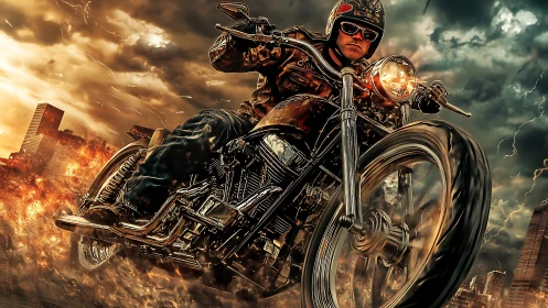 Motorcyclist powers through flaming urban stormscape.