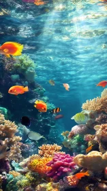 Vibrant coral reef ecosystem with tropical fish and caustic light.