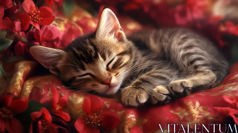 Tabby Kitten Resting Among Red Flowers and Ornamental Fabrics