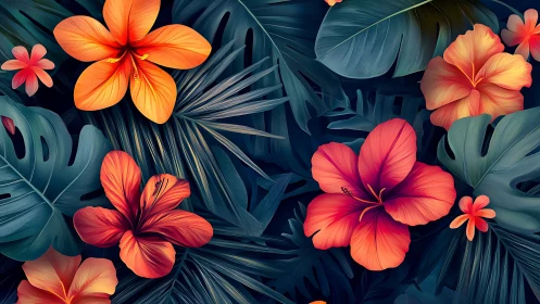Vivid tropical hibiscus blooms glow over deep jungle leaves
