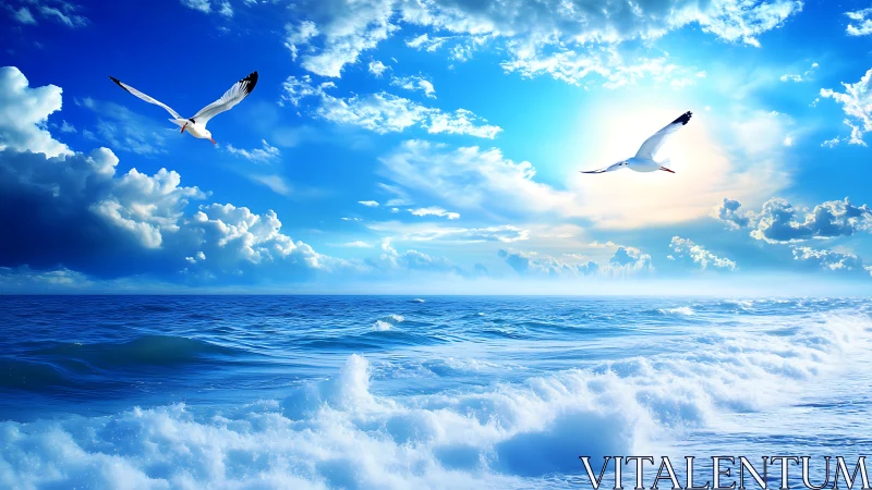 Digital seascape with soaring gulls under luminous sky.