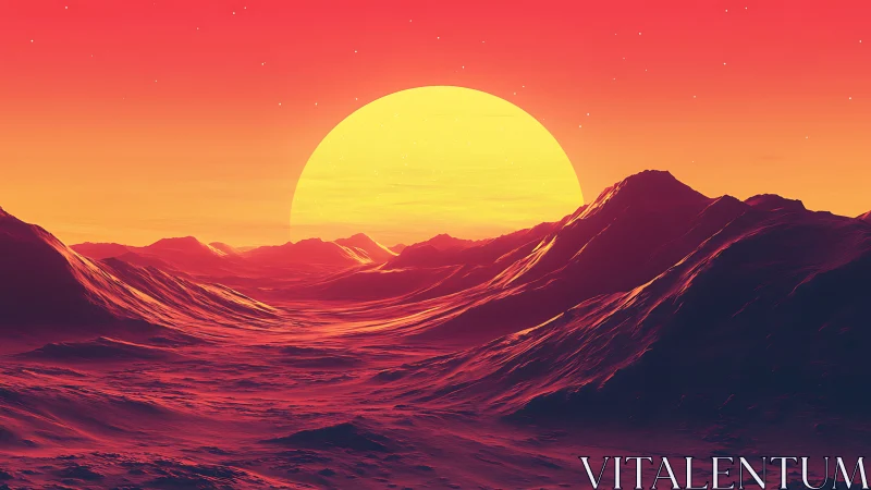 Radiant alien sunrise glows over quiet crimson mountains
