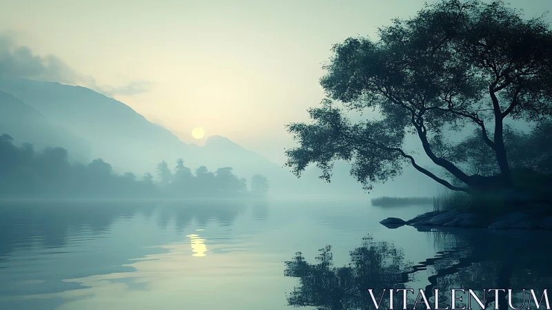Digital painting of misty lakeside sunrise with tree silhouettes.