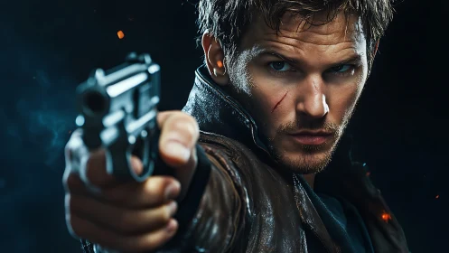 Action hero aiming handgun in intense close foreground.