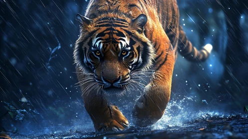 Storm-stalking tiger strides through neon rain and shadowed night.