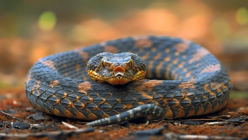 Coiled snake rests on forest floor with sharp focus on head