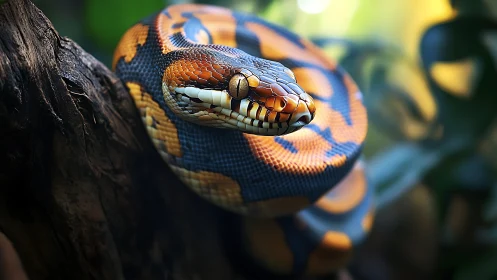 Coiled jungle ember serpent resting on shadowed bark perch.