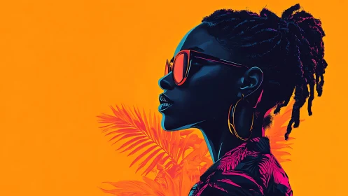 Profile portrait shows neon-lit woman on bright orange background