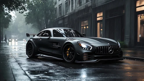 Matte black Mercedes AMG GT rendered in cinematic urban rain