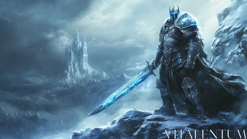 Frozen death knight guards icy citadel in blizzard panorama.