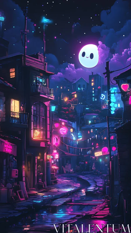 Neon soaked alley at night under smiling cartoon moon.