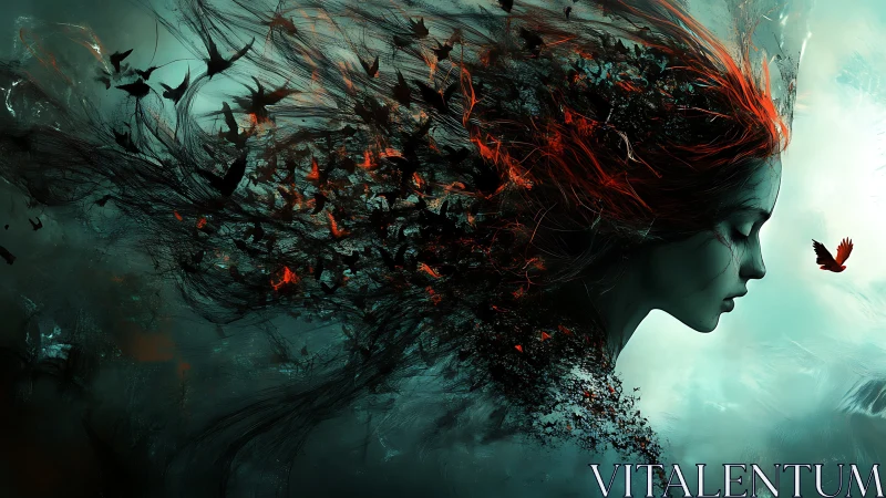Digital painting of ethereal profile dissolving into red birds.