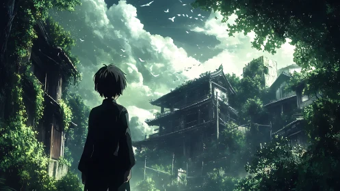 Solitary figure before dense overgrown urban ruins at dusk.