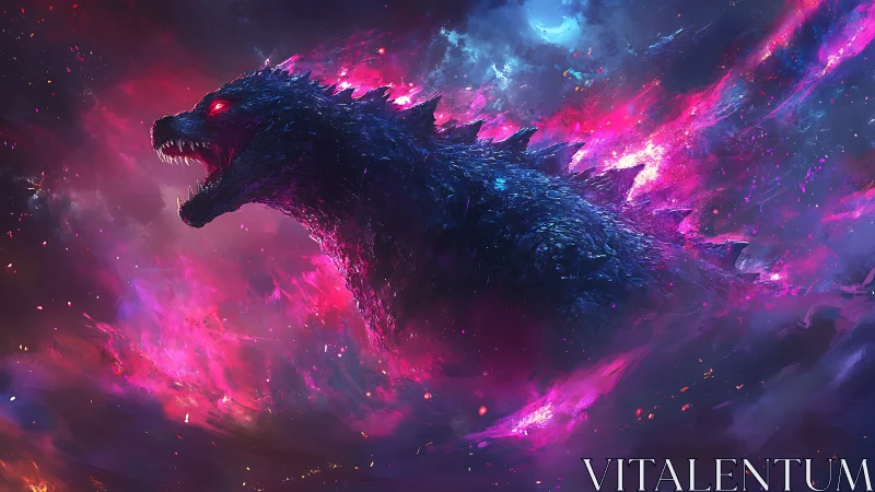 Cosmic kaiju roars through neon storm in deep space