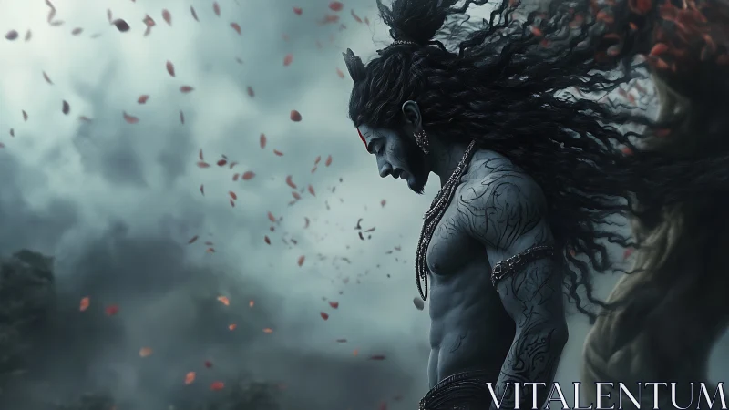 Stormlit warrior bows in quiet strength amid swirling leaves