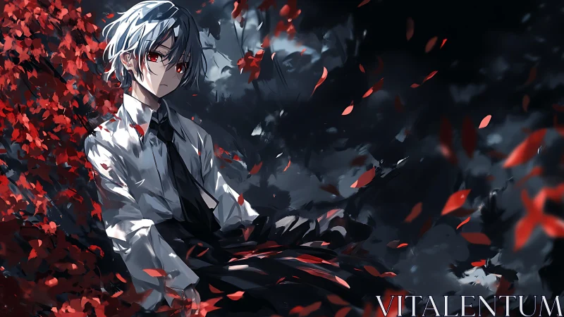 Anime boy with red eyes sits in dark foliage and falling leaves