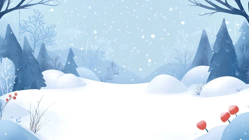 Snowy forest valley under soft blue winter snowfall.