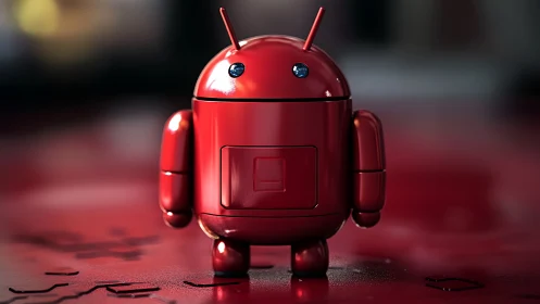 Chromed scarlet android figurine on reflective substrate.