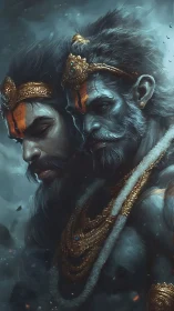 Mythic twin warrior faces in dark stormy atmosphere.